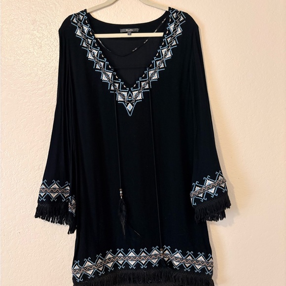 Miss Me Dresses & Skirts - Miss Me Black Midi Dress with Blue & White Embroidered Trim
